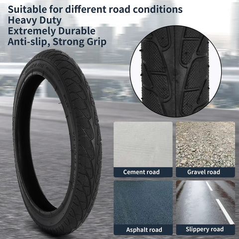 Kids 14 Inch Bike Tire and Inner Tube Set Heavy Duty 14x1.75 47 254 Tire with tread detail and road types shown