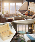 Various scenes of home interiors and open wooden boxes with decorative contents and metal latches, showing room decor and storage solutions.