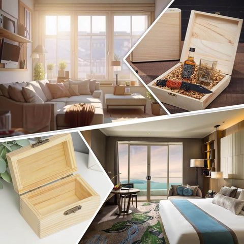 Various scenes of home interiors and open wooden boxes with decorative contents and metal latches, showing room decor and storage solutions.