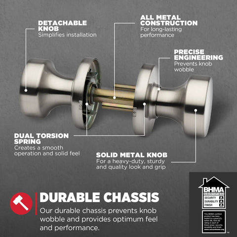 Pismo Interior Passage Door Knob For Closet And Hallway Doors Non Locking Satin Nickel With Microban Protection Easy DIY Install