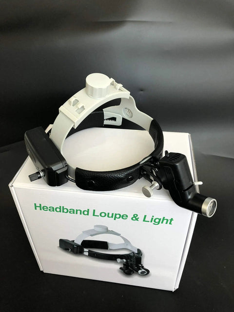 Headband loupe and light set on box with black strap and mounted light attachment