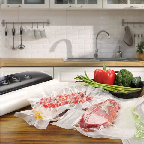 Bang For Your Buck Vacuum Sealer Bags Rolls 4 Pack 11 Inch By 25 Feet Compatible With FoodSaver shown with food inside