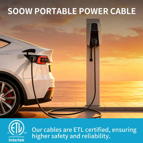 Hella Rugged 25Ft 6 3 SOOW Portable Power Cable 6 Awg 3 Conductor Extension Cord connected to electric vehicle charger.