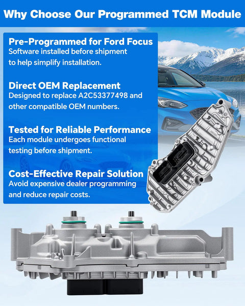 Ford Focus 2.0L DPS6 TCM Transmission Control Module Pre-Programmed Plug And Play Replacement Unit 2011-2022 Easy Install Fixes Hard Shifting Delayed Engagement A2C53377498 AE8Z-7Z369-F, silver module