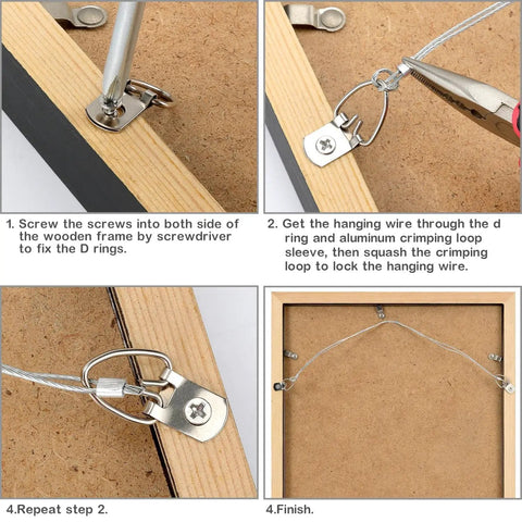 Ultimate Picture Hanging Kit With 100 Feet Braided Wire 60 D Ring Hangers showing installation steps on wooden frame