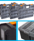 Three In One Portable Tool Box Organizer with Fifty Two Customizable Compartments for crafts, beads, and small parts, clear lids visible.