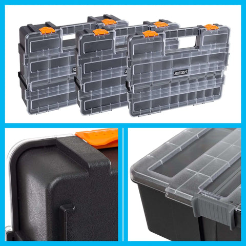 Three In One Portable Tool Box Organizer with Fifty Two Customizable Compartments for crafts, beads, and small parts, clear lids visible.