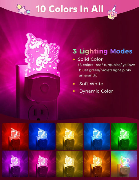 2 Pack Kids Night Light With Dusk To Dawn Sensor, 8 Color Changing LED Night Lights For Girls Bedroom, unicorn design