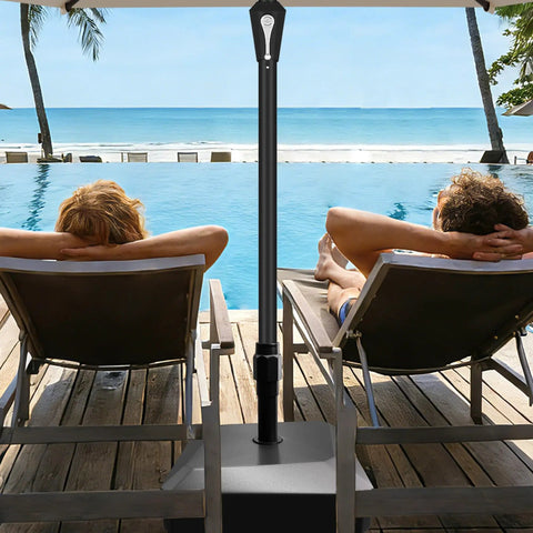 Mobile Umbrella Base With Four Wheels Heavy Duty Outdoor Stand For Patio Use by a pool, supporting umbrella pole