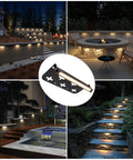 Collage showing 8 Pack 7 Inch Retaining Wall Lights, 5W LED Hardscape Lighting illuminating outdoor walls, steps, and patio areas.