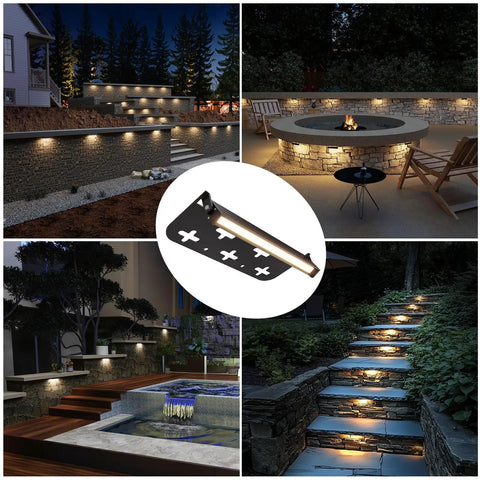 Collage showing 8 Pack 7 Inch Retaining Wall Lights, 5W LED Hardscape Lighting illuminating outdoor walls, steps, and patio areas.