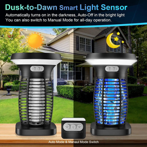 Solar Powered 3 In 1 Bug Zapper All In One Outdoor Mosquito Killer Cordless Electric Zapper With Night Light in a garden setting