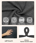 Close-up of gray Hammock Chair Hanging Rope Swing fabric with breathable, durable, tight stitching, and comfortable icons visible.