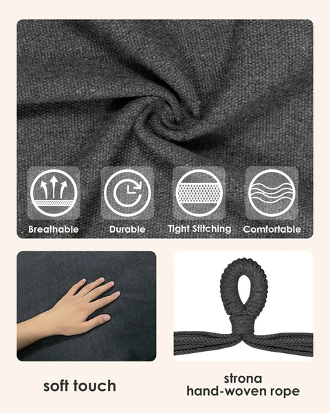 Close-up of gray Hammock Chair Hanging Rope Swing fabric with breathable, durable, tight stitching, and comfortable icons visible.