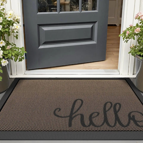 Hello Door Mat 17x30 No Slip Durable Rubber Entrance Doormat at front door with floral decorations on sides