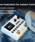 Close-up of foot pressing footswitch on Dual Stomp Lite Multi Effects Guitar Pedal With 125 Effects, USB interface visible