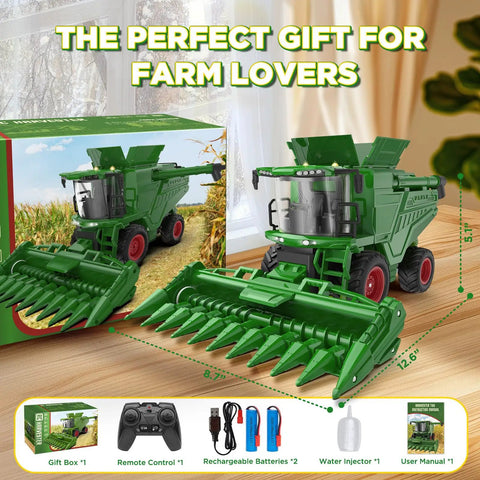 Remote Control Combine Harvester Tractor Toy With Moving Corn Head RC Farm Tractor For Kids 3 Plus Light Sound Spray Effects One Twenty Fourth Scale Farm Toy Totally Perfect Christmas Birthday Gift displayed with packaging and accessories