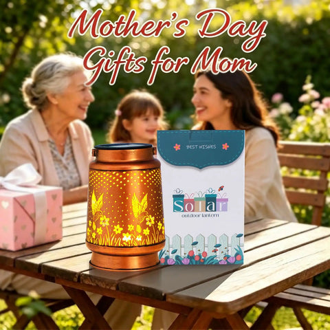 Outdoor Solar Lantern With Hummingbird Pattern, Waterproof Metal Garden Light for gift-giving, packaging visible, on a table