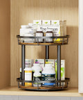 Wooden Ten Inch Lazy Susan Spice Rack Organizer Two Tier in cabinet holding various bottles and boxes, wood and metal frame