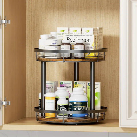 Wooden Ten Inch Lazy Susan Spice Rack Organizer Two Tier in cabinet holding various bottles and boxes, wood and metal frame