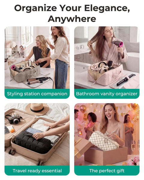 Collage showing a Hair Tool Organizer Travel Case For Dyson Airwrap And Shark FlexStyle in various settings and uses.