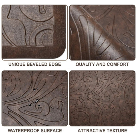 Close-up image of brown Ultra Plush Anti Fatigue Kitchen Mat Cushioned Comfort Rug showing unique beveled edge and texture.