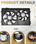 Premium Radiator Cooling Fan Assembly Oem Replacement Fits 2005 2013 Volkswagen Jetta Golf showing two fan blades and dimensions 32.6in x 22in.
