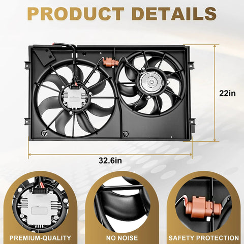 Premium Radiator Cooling Fan Assembly Oem Replacement Fits 2005 2013 Volkswagen Jetta Golf showing two fan blades and dimensions 32.6in x 22in.