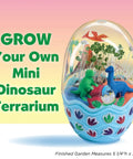 Mini Garden Dinosaur Terrarium Kit For Kids A Fun Dinosaur Craft Toy And Science Kit For Boys Ages Six And Up Grow Your Own Dino Egg Terrarium With Quick Grow Seeds And Jurassic Decor in a 5.25" h x 3" w oval shape with colorful dinosaur figures and plants inside.