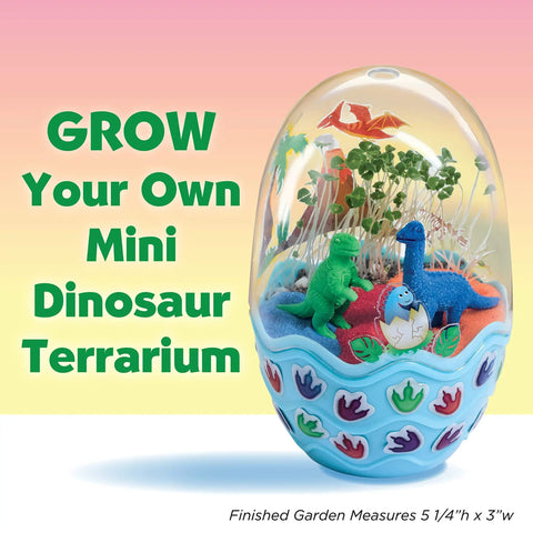 Mini Garden Dinosaur Terrarium Kit For Kids A Fun Dinosaur Craft Toy And Science Kit For Boys Ages Six And Up Grow Your Own Dino Egg Terrarium With Quick Grow Seeds And Jurassic Decor in a 5.25" h x 3" w oval shape with colorful dinosaur figures and plants inside.