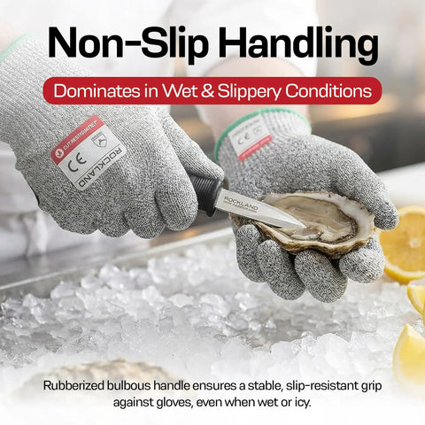 Professional Oyster Shucking Kit with 3.5 Inch Heavy Duty Stainless Steel Shucking Knife and Level 5 Cut Resistant Gloves in use
