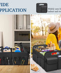 Collapsible Trunk Organizer with Big Capacity Waterproof Car Organizer for SUV Jeep or Sedan with removable dividers, used outdoors and indoors.