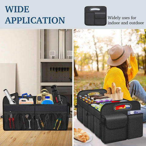 Collapsible Trunk Organizer with Big Capacity Waterproof Car Organizer for SUV Jeep or Sedan with removable dividers, used outdoors and indoors.