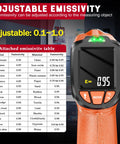 Infrared Thermometer Gun Non Contact Digital Laser Temp Tool Pro Grade With Emissivity Adjustable display and table