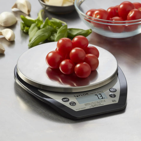 Compact Digital Kitchen Scale For Precise Weighing And Portion Control, Tare Function, NSF Certified Stainless Steel Platform with tomatoes