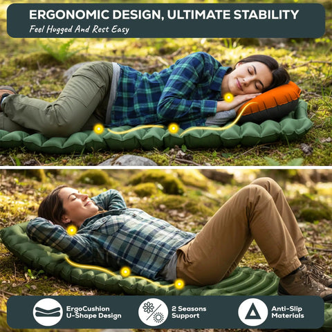 Ultralight Camping Sleeping Pad 17.5 Oz Compact Inflatable Mattress with ErgoCushion edges used outdoors in green forest setting