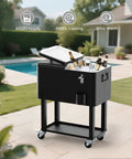 Outdoor 60 Quart Rolling Ice Chest Cooler Cart with open lid, bottle opener, cap catcher, BPA-free interior, black color, 48-hour cooling