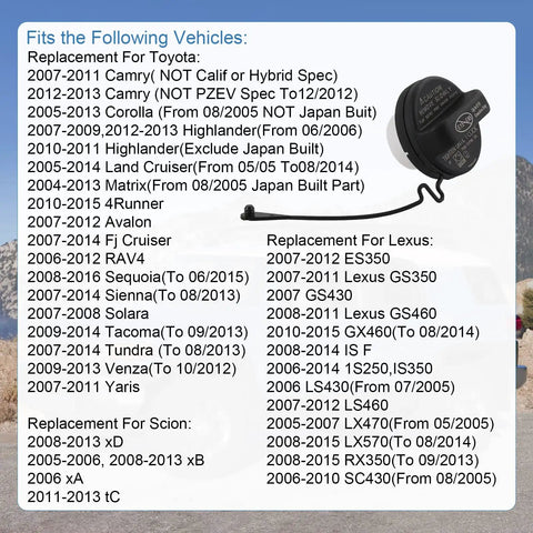 Gas Cap Replacement 77300-06040 Fits Toyota Scion And Lexus Vehicles with compatibility list for models and years.
