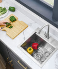 Prep Ready 15 Inch Workstation Sink Drop In Or Undermount 15x15 Inch Single Bowl 18 Gauge Stainless Steel with bamboo cutting board