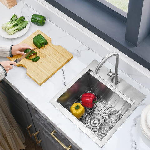 Prep Ready 15 Inch Workstation Sink Drop In Or Undermount 15x15 Inch Single Bowl 18 Gauge Stainless Steel with bamboo cutting board