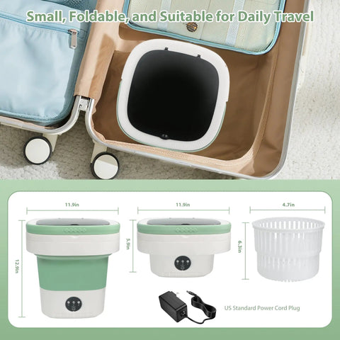 Nifty Portable Washer Compact Foldable With Quick Spin Mode And Three Clean Settings Perfect For Socks Undies And Baby Gear Ideal For Dorms RVs And Weekender Trips Sweet Space Saver Making Laundry Day An Easy Peasy Routine Great Counter Pick inside a suitcase showing a TPE material washer and spin basket.