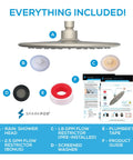 9.5 Inch Large Luxury Rain Shower Head For Full Body Coverage With High Pressure Flow No Fuss Setup Anti Clog Silicone Nozzles Easy Install And No Leaks In Brushed Nickel Finish with parts list including flow restrictors, plumber's tape, and product guide.