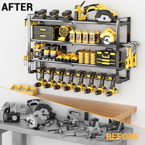 4 Layer Extra Tall Power Tool Organizer Wall Mount 400lbs Capacity Heavy Duty Metal Rack With 8 Cordless Drill Holders For Workshop Garage And Warehouse Ideal Gift For Men assembled with tools neatly stored, before and after comparison on a table, dimensions 32.5 in x 21 in x 7.5 in.