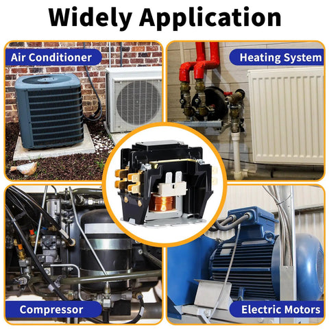 One Pole 30 Amp 24V Coil Air Conditioner Condenser Contactor for AC Compressors and HVAC Systems shown in various applications
