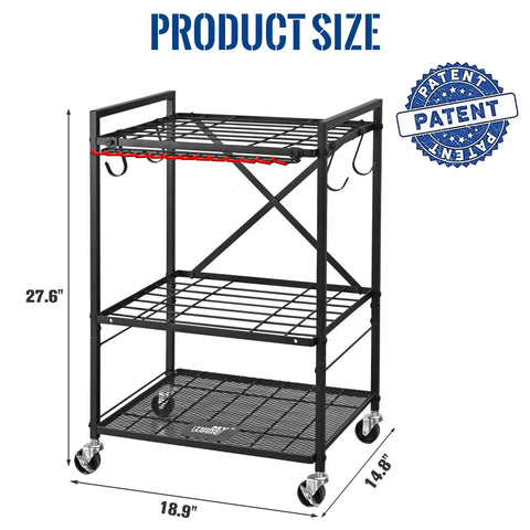 Mobile Garden Tool Organizer With Wheels For Garage And Shed showing dimensions and patent badge
