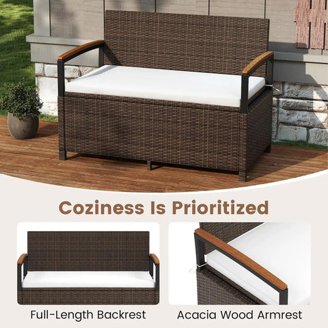 Wicker Outdoor Storage Bench With Hidden 46 Gallon Gas Strut Lift Up Storage, Rattan Deck Box with acacia wood armrests on patio