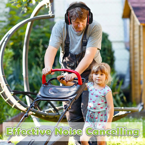 Man wearing Four Pack 28dB NRR Ear Muffs Noise Reduction Hearing Protection For Shooting while mowing lawn with child nearby.