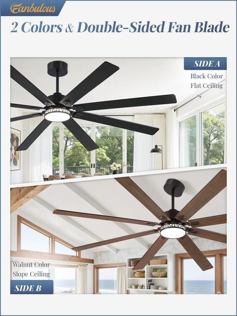 84 Inch Farmhouse Ceiling Fan With Light For Indoor Outdoor Use Waterproof Dimmable LED, black and walnut dual finish blades