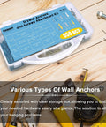 550 Piece Drywall Anchors And Screws Kit with Self Drilling Plastic and Zinc Anchors in clear storage box on wooden table