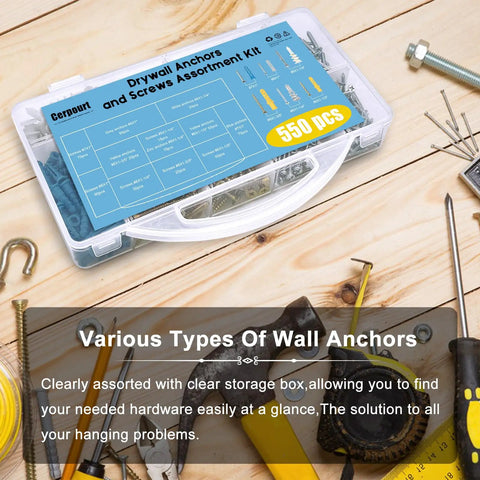 550 Piece Drywall Anchors And Screws Kit with Self Drilling Plastic and Zinc Anchors in clear storage box on wooden table
